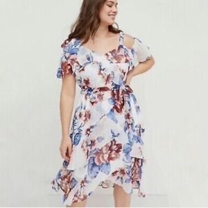 Lane Bryant Plus size 30 Midi Floral Ruffle Layered Tie Back White Blue Dots